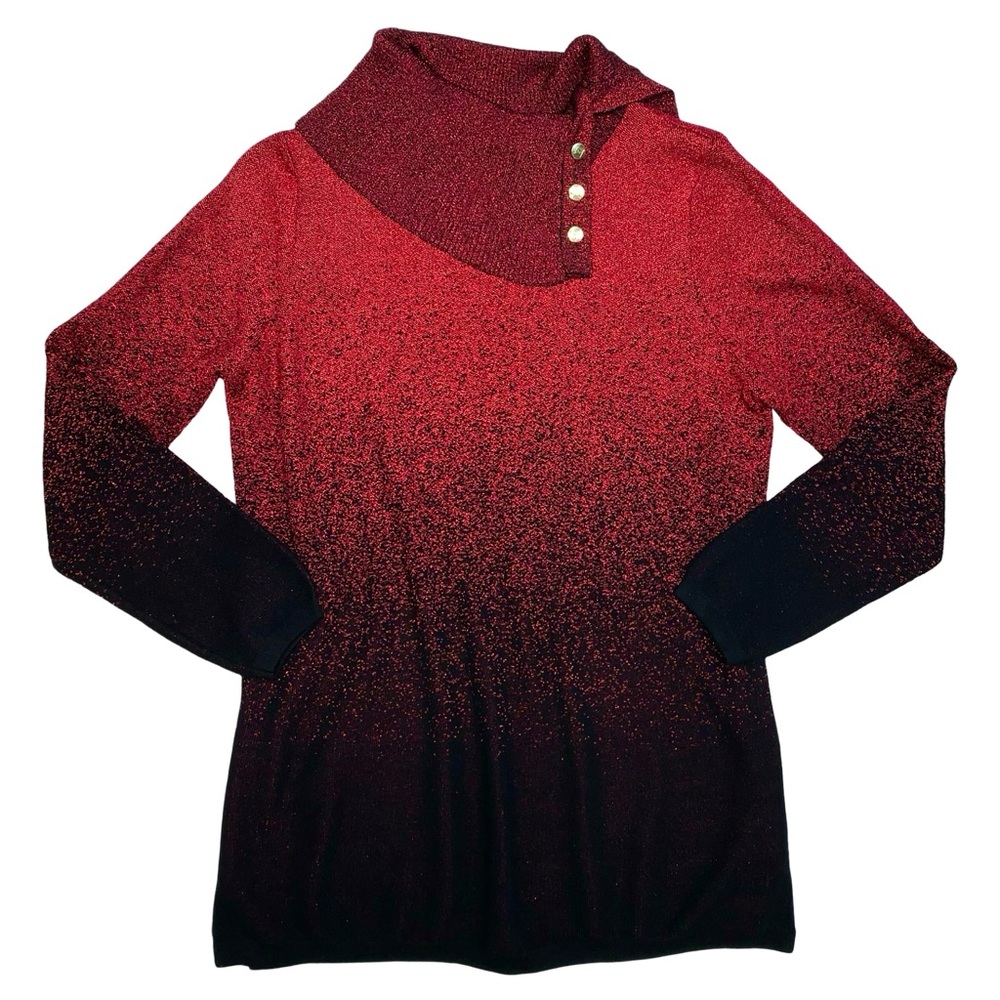 Adrienne Vittadini Metallic Pullover Sweater Red Ombre Tunic Holiday Sparkly